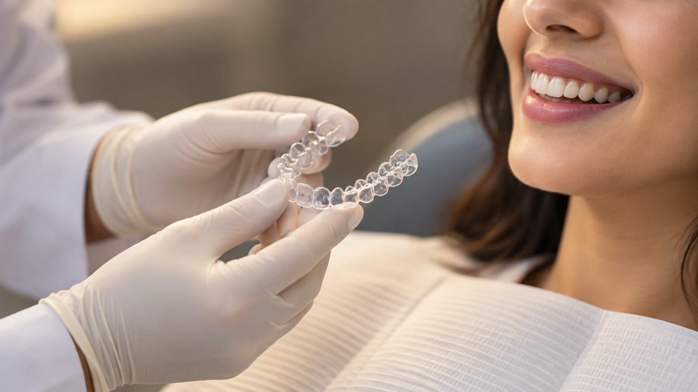 A clear aligner tray held up beside a smiling patient