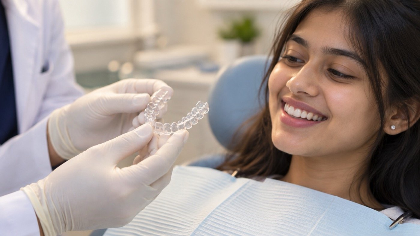 A teenager smiling as she is shown her clear aligner tray