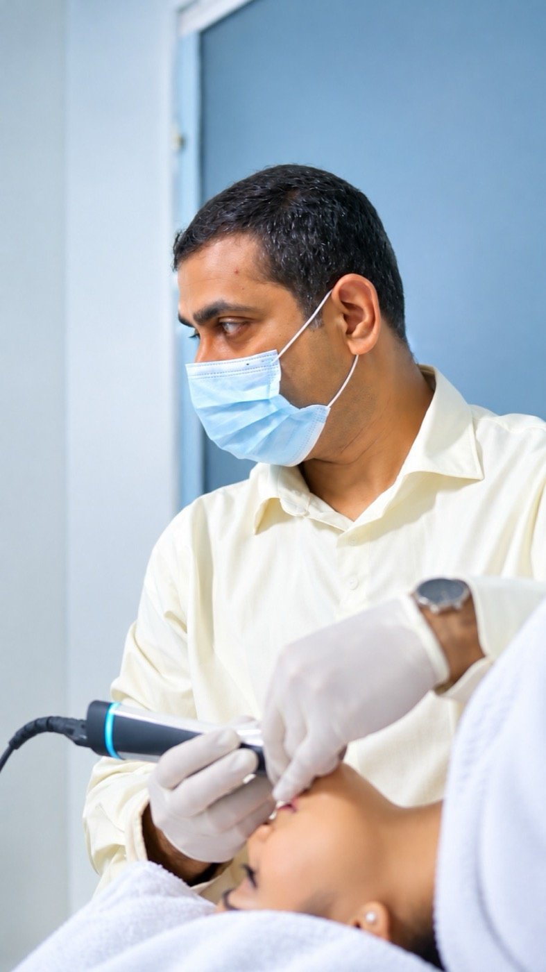 A dentist examining a patient in the dental chair