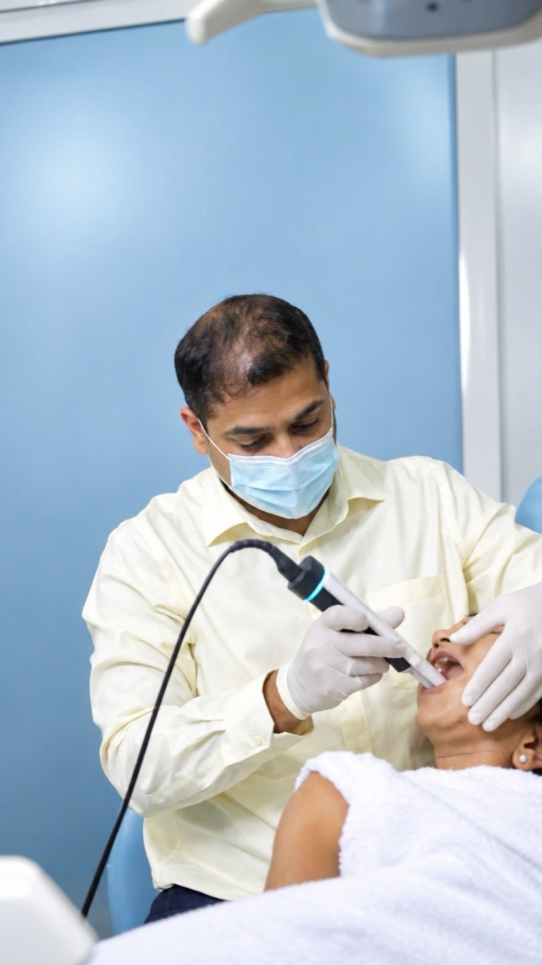 A dentist taking a digital scan of a patient’s teeth