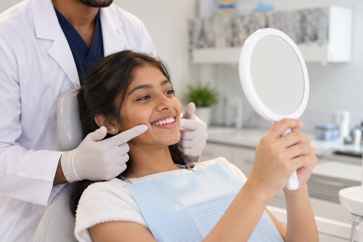 A patient smiling at her reflection in a hand mirror after treatment